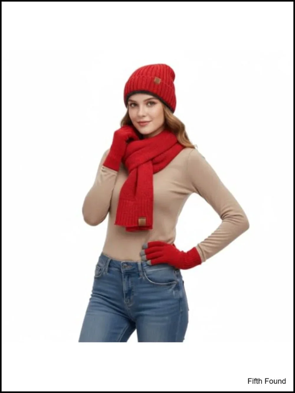3-in-1 Winter Hat Scarf Gloves Set Acrylic Knit Fuzzy Lined Touch Screen